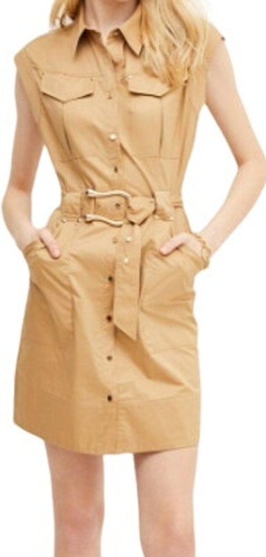 Karen Millen Cotton Sateen Woven Mini Shirt Dress Belted Button Front Camel 2